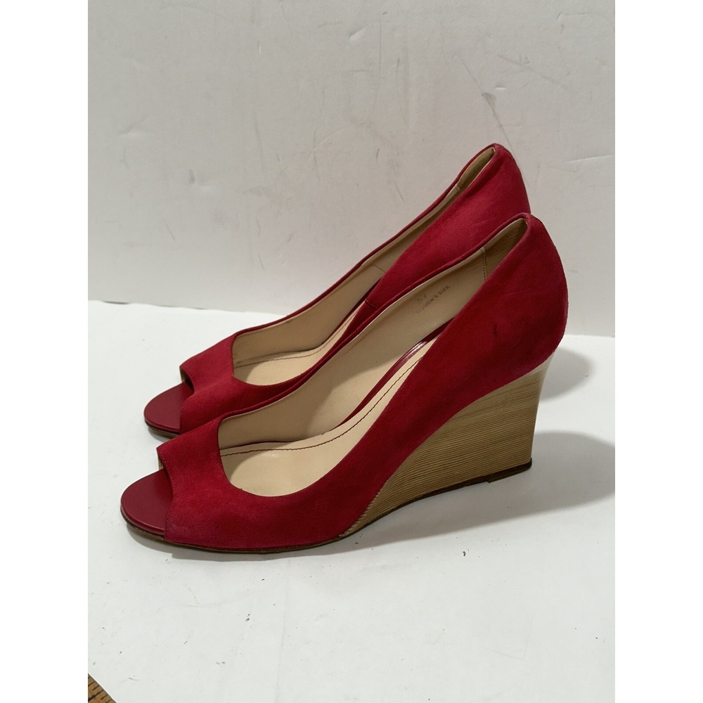 Tod's Crimson Red Suede Peep Toe Wedge Pumps Size 37 (US 7 ) Women's Shoes